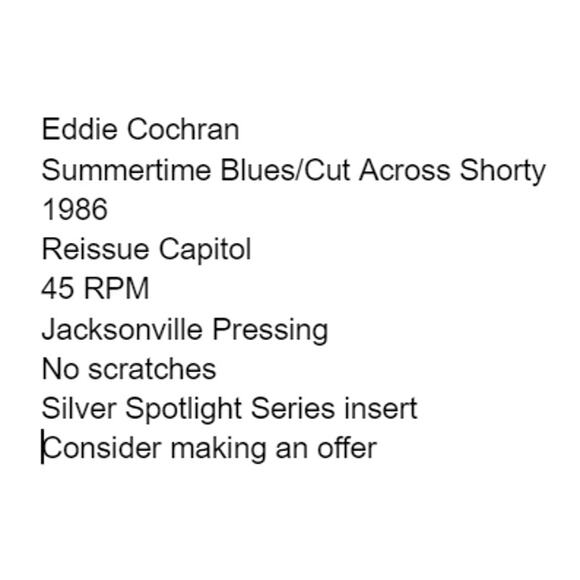 Eddie Cochran Summertime Blues Cut Across Shorty Vinyl 1986 Reissue Capitol - Picture 3 of 8